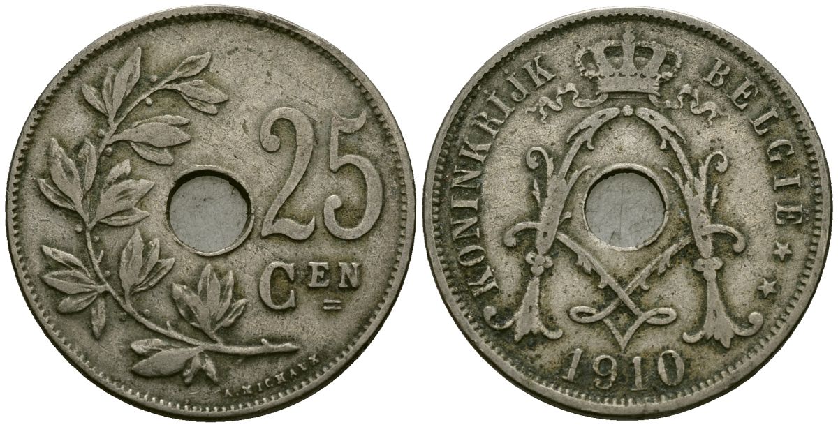 Бельгия 25 сантимов 1910 Belgie KM 69 медно-никель 4165-732