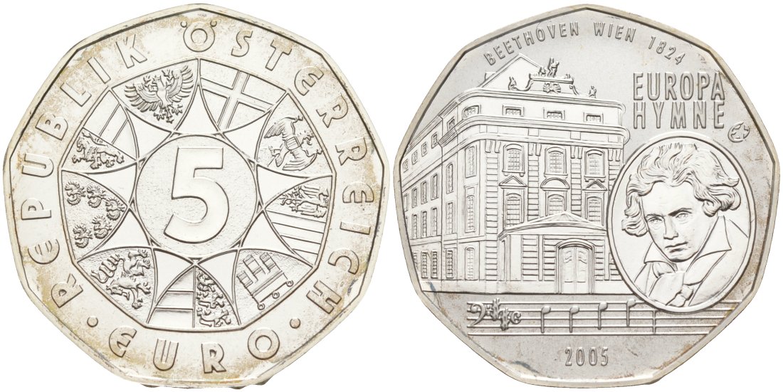 Австрия 5 евро 2005 10 лет вступления Австрии в ЕС, Бетховен, гимн ЕС KM 3120 серебро UNC 01-345-33