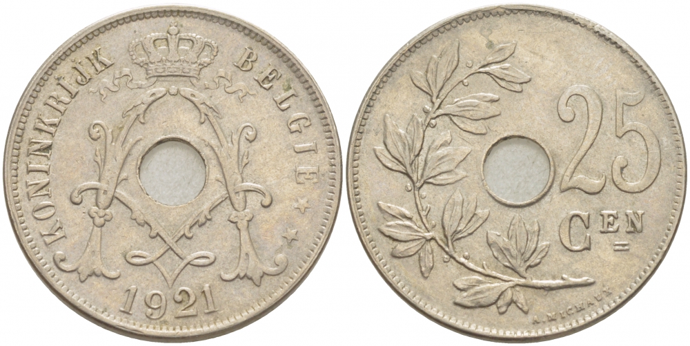 БЕЛЬГИЯ 25 САНТИМОВ 1921 BELGIE KM 69 медно-никель 87-1527