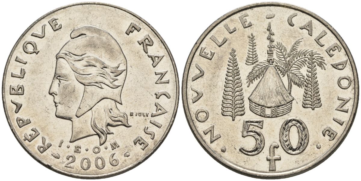 Французская Новая Каледония 50 франков 2006 хижина среди сосен и пальм, (IEOM) KM 13a, Schoen 15a, Lec 128i медно-никель 4144-811