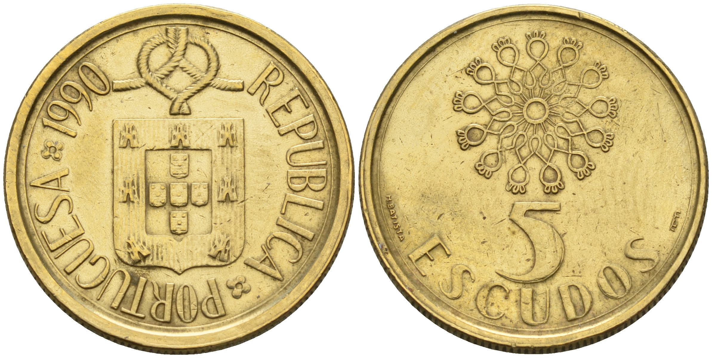 Португалия 5 эскудо 1990  KM 632 никель латунь    4161-832