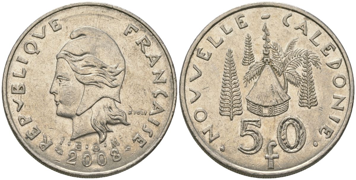 Французская Новая Каледония 50 франков 2008 хижина среди сосен и пальм, (IEOM) KM 13a, Schoen 15a, Lec 128i медно-никель 114-332