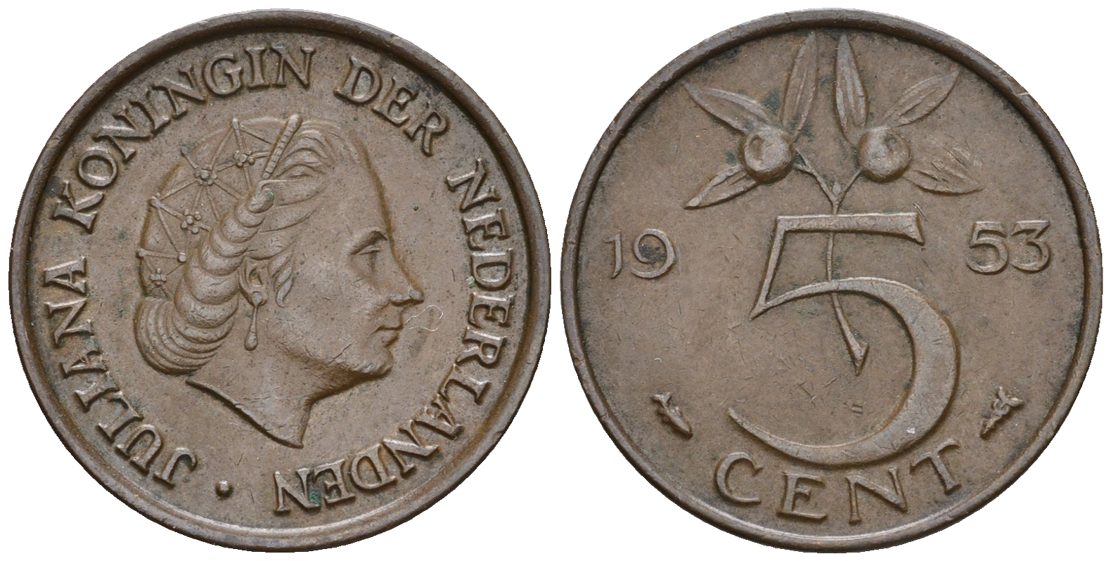 Нидерланды 5 центов 1953 Юлиана (1948-1980) KM 181 бронза 259-1056