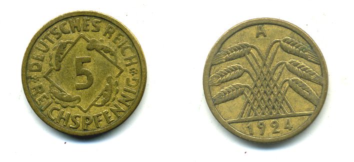 ГЕРМАНИЯ 5 РЕЙХСПФЕННИГОВ 1924 A, KM 39, J. 316 алюминиевая бронза 46-2124