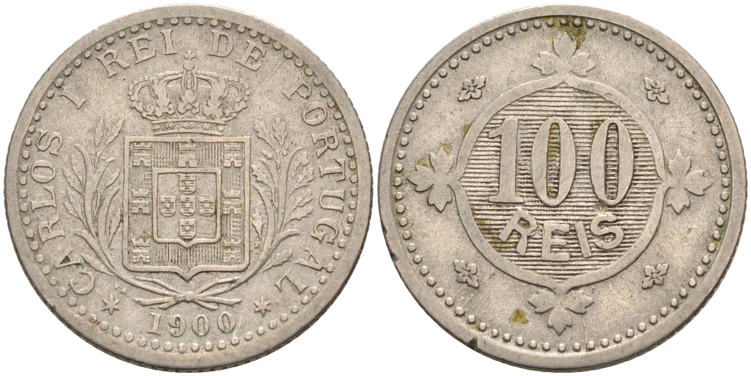 ПОРТУГАЛИЯ 100 РЕЙС 1900 КАРЛОС I (1889-1908) KM 546 медно-никель 4563-1026