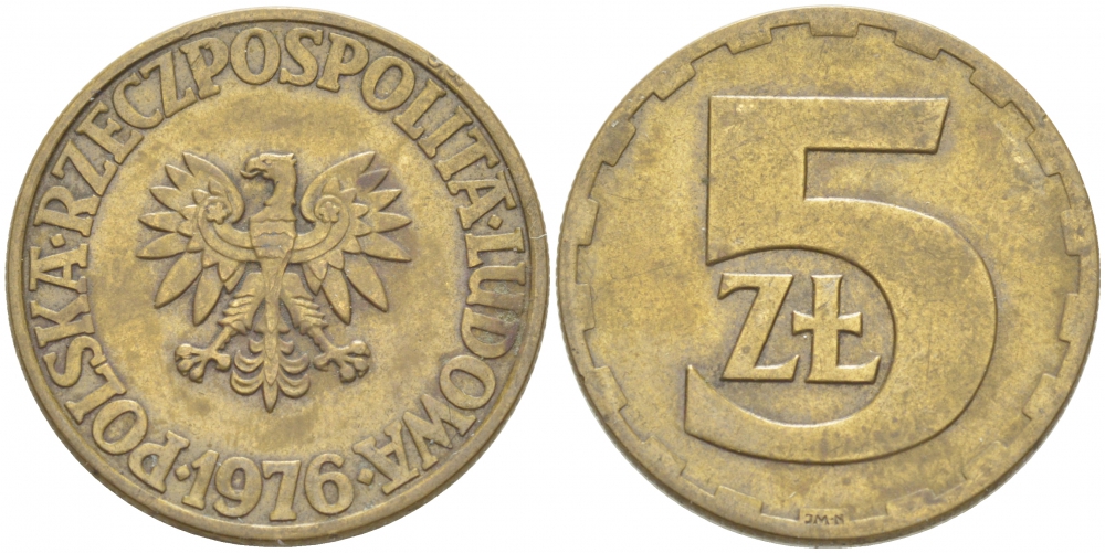 Польша 5 злотых 1976 монетный двор Ленинград (ЛМД) KM 81.1, Parchimowicz 221b латунь 77-733