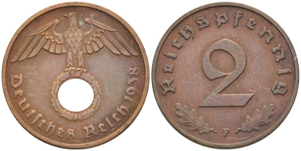 ГЕРМАНИЯ 2 РЕЙХСПФЕННИГА 1938 F KM 90, J. 362 бронза 261-927