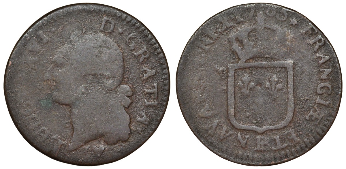 Франция 1 соль 1785 В, Людовик XVI (1774-1793), мондвор сердце KM 578.3 бронза 4123-234