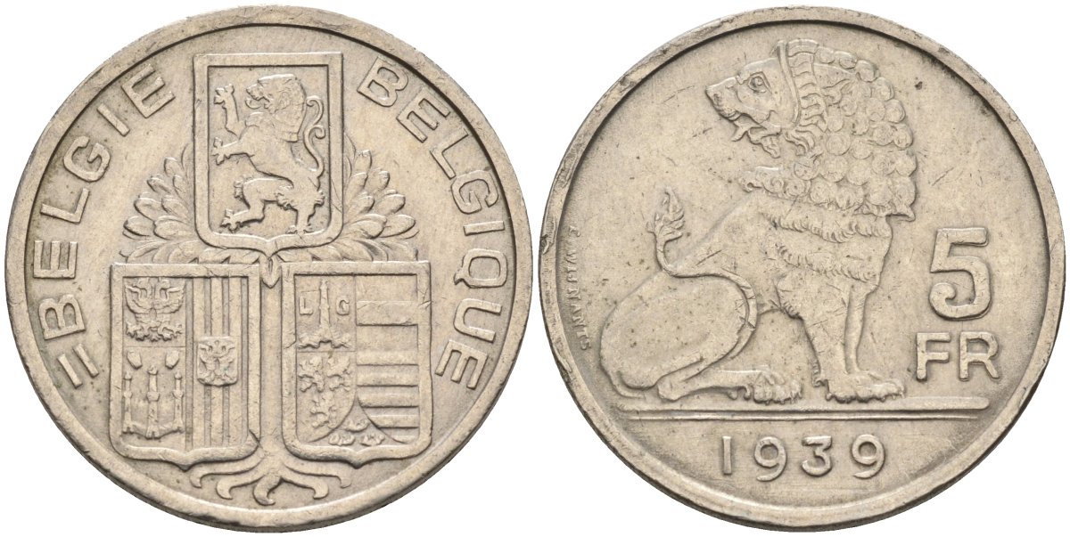 Бельгия 5 франков 1939 BELGIE-BELGIQUE, Леопольд III, лев KM 117 никель 4591-912