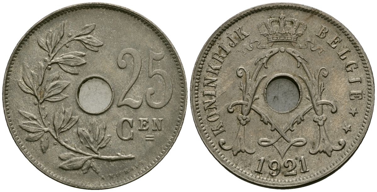 Бельгия 25 сантимов 1921 Belgie KM 69 медно-никель 4165-746