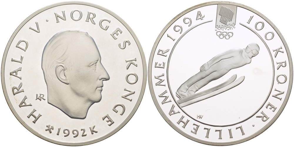 Норвегия 100 крон 1992 зимние Олимпийские игры 1994 года в Лиллехаммере, прыжки с трамплина KM 440 серебро BUNC 11-271-44