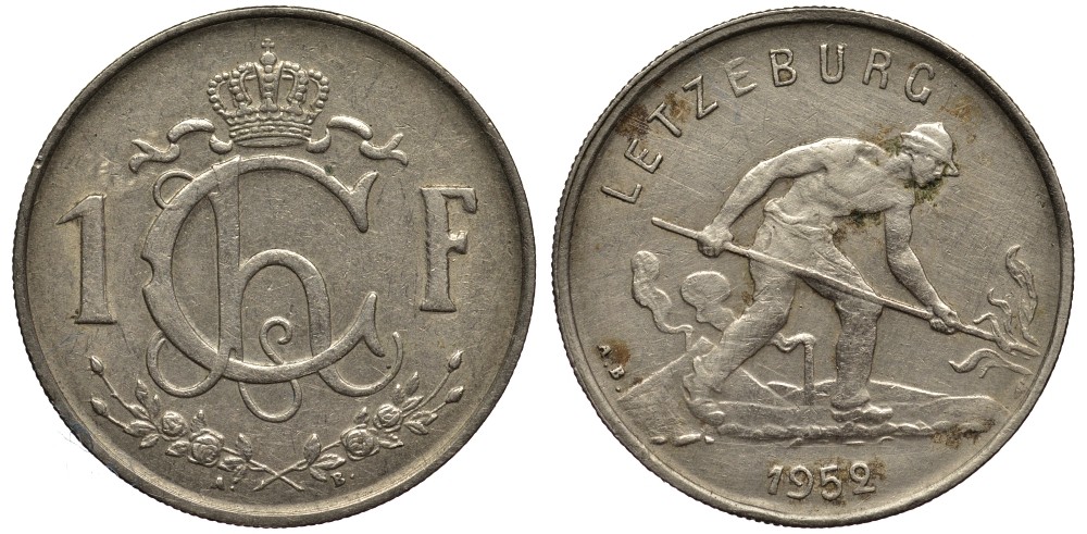 Люксембург 1 франк 1952 Шарлотта (1918-1964), сталевар KM 46.2 медно-никель 4538-922