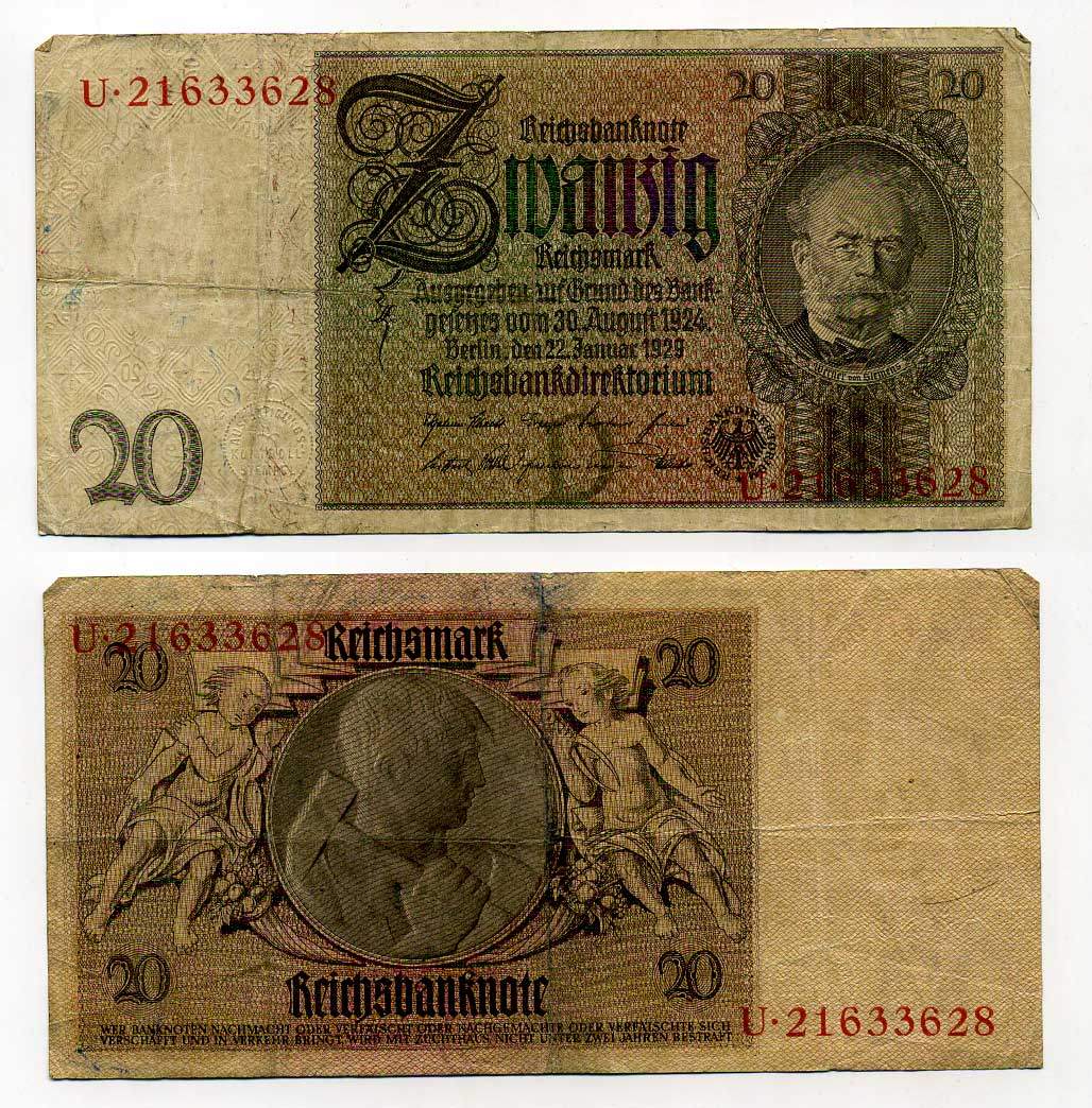 ГЕРМАНИЯ 20 РЕЙХСМАРОК 1929 Pick 181 a бумага 7146-40-1-1