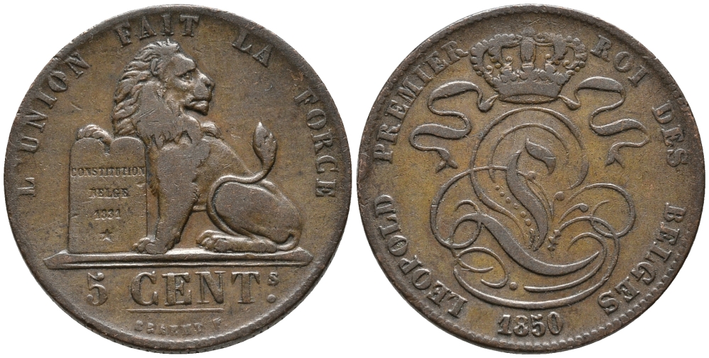 БЕЛЬГИЯ 5 САНТИМОВ 1850 BELGES KM 5.1 медь 32-734