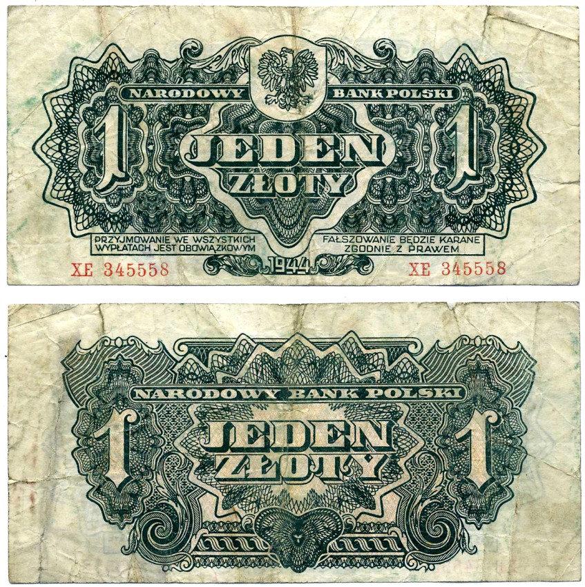 Польша 1 злотый 1944 ПЕРВЫЙ НАЦИОНАЛЬНЫЙ выпуск ПОСЛЕ второй МИРОВОЙ ВОЙНЫ Pick 105а бумага 437-9-2-2