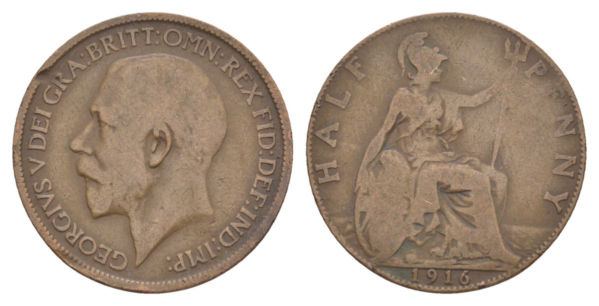 Великобритания 1/2 пенни 1916 Георг V (1910-1936) KM 809, Spink 4056 бронза 53-813