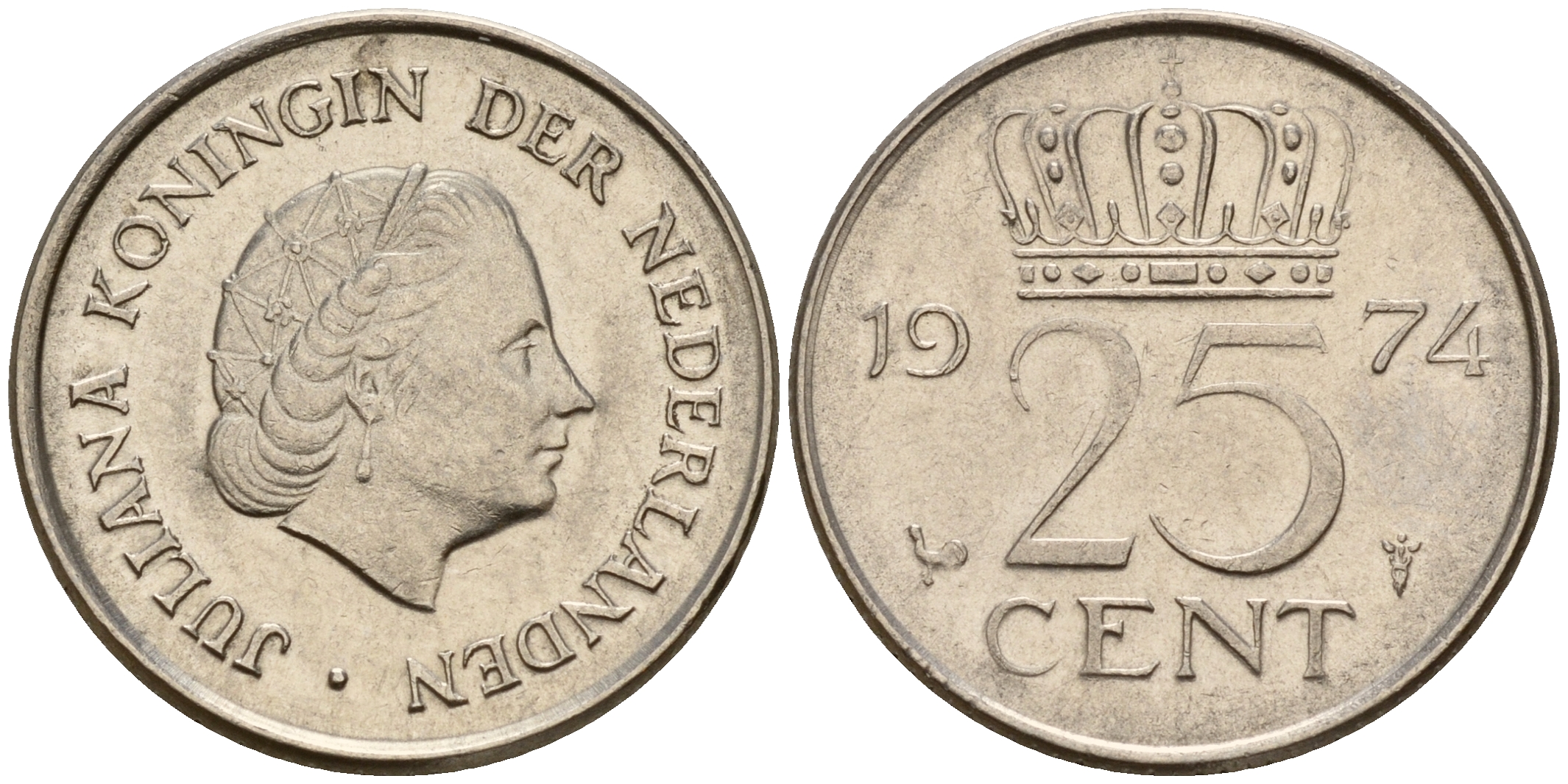 Нидерланды 25 центов 1974 Юлиана (1949-1980) KM 183 никель    4598-513