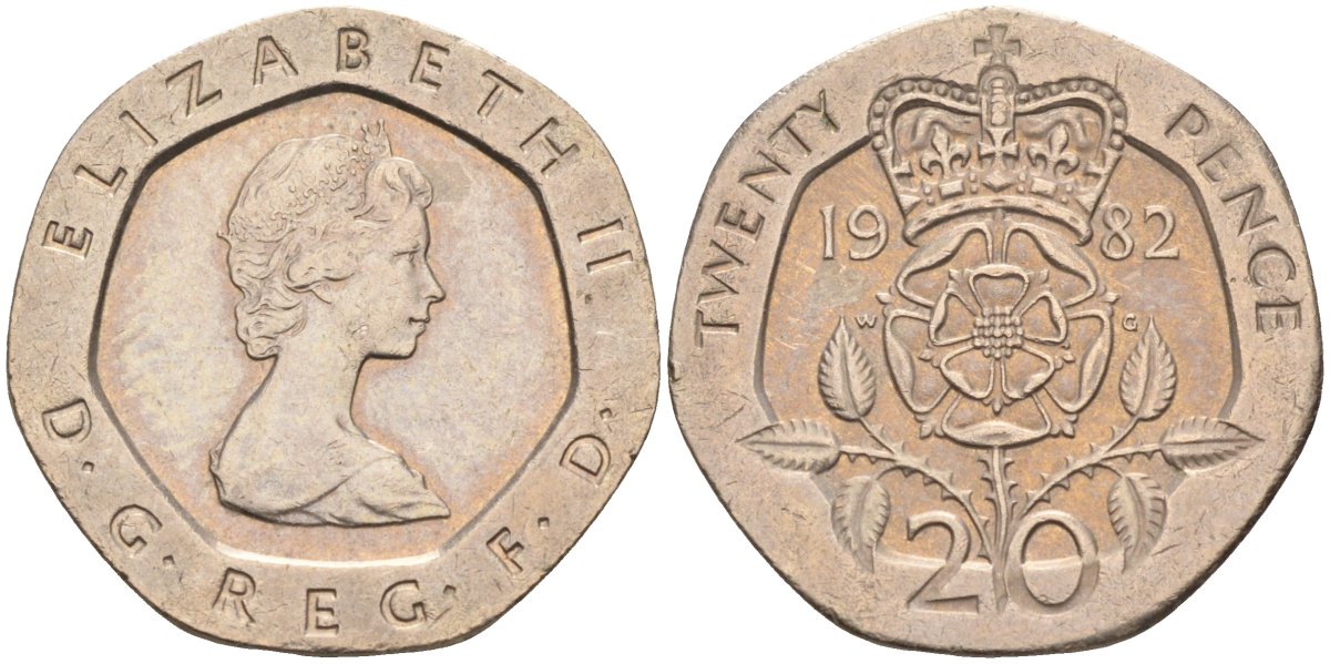 Великобритания 20 пенсов 1982 Елизавета II (1952-2022) KM 931, Spink 4230 (G1) медно-никель 4116-916
