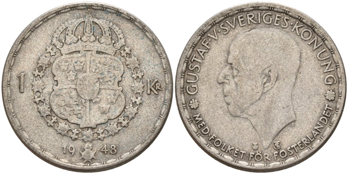 Швеция 1 крона 1948 TS, Густав V (1907-1950) KM 814 серебро 4148-1055