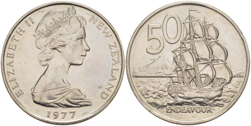 Новая Зеландия 50 центов 1977 Елизавета II (1952-2022), парусник Индевор KM 37.1 медно-никель 215-446