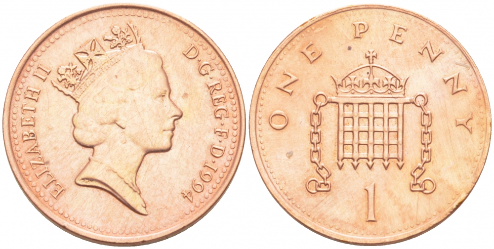 Великобритания 1 пенни 1994 Елизавета II (1952-2022) KM 935a, Spink 4391 (B4) сталь плакированная медью 3955-538