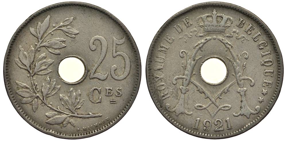 БЕЛЬГИЯ 25 САНТИМОВ 1921 BELGIQUE, АЛЬБЕРТ I (1909-1934) KM 68.1 медно-никель 27-922