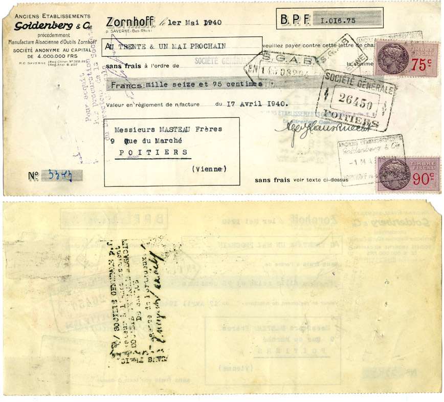 ШВЕЙЦАРИЯ ЧЕК НА 1000 ФРАНКОВ 75 САНТИМОВ 1940 MANUFACTURE ALSACIENNE d'OUTILS ZORNHOFF, ВЫПИСАН AU TRENTE & UN MAI PROCHAIN, 17 АПРЕЛЯ 1940 бумага 6262-24-1-2