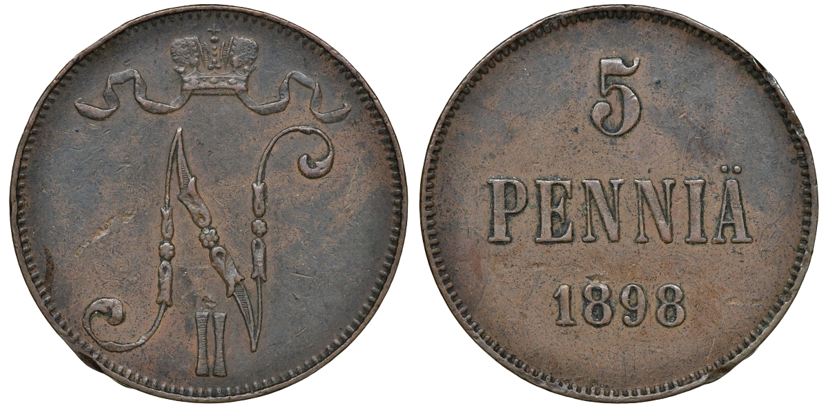 Россия для Финляндии 5 пенни 1898 Николай II (1894-1917) KM 15, Биткин 443 медь 51-551