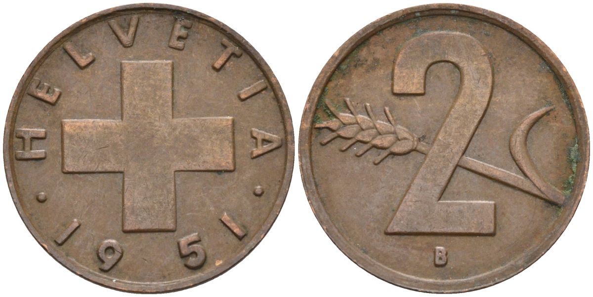 Швейцария 2 раппена 1951 В KM 47 бронза 4114-952