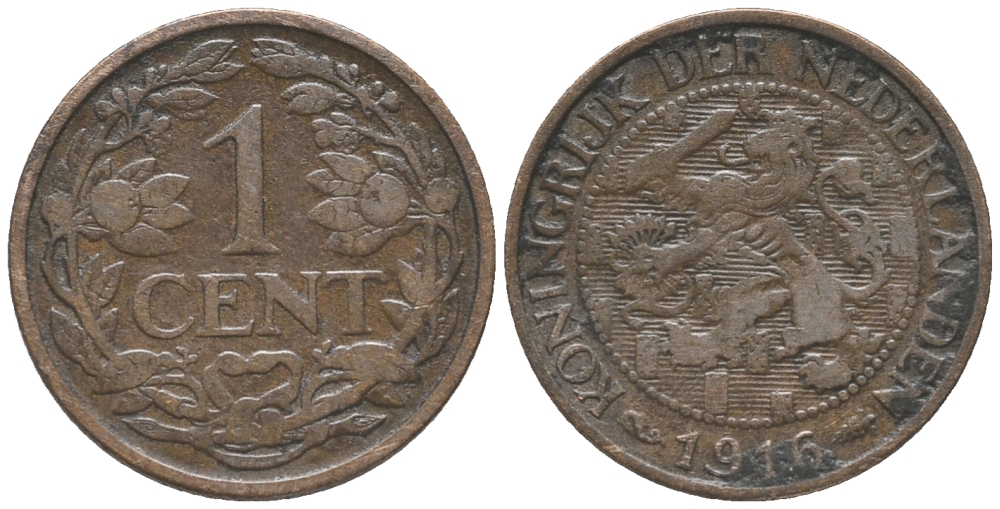 НИДЕРЛАНДЫ 1 ЦЕНТ 1916 ВИЛЬГЕЛЬМИНА I (1890-1948) KM 152 бронза 100-853