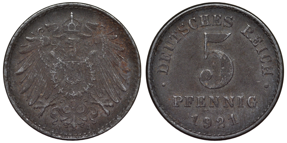 Германия 5 пфеннигов 1921 J KM 19, J. 297, Weege 5 железо 4118-1144