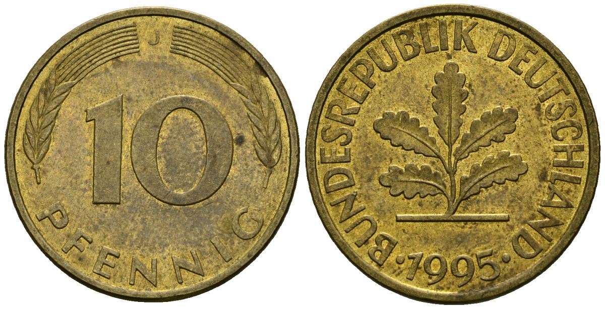 ФРГ 10 пфеннигов 1995 J KM 108 сталь плакированная латунью 4167-911