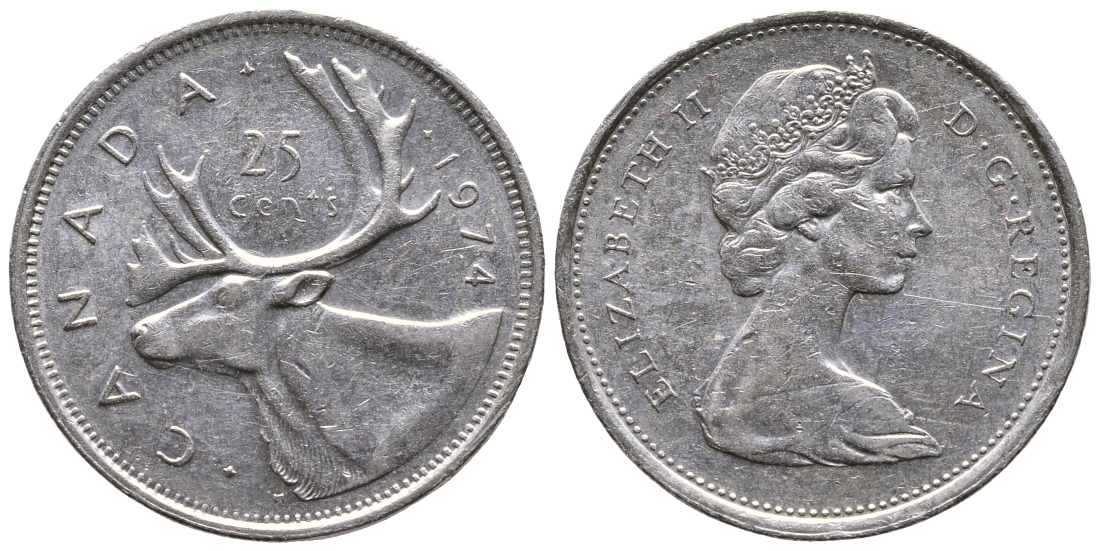 КАНАДА 25 ЦЕНТОВ 1974 ЕЛИЗАВЕТА II, ОЛЕНЬ KM 62b никель 4364-2026