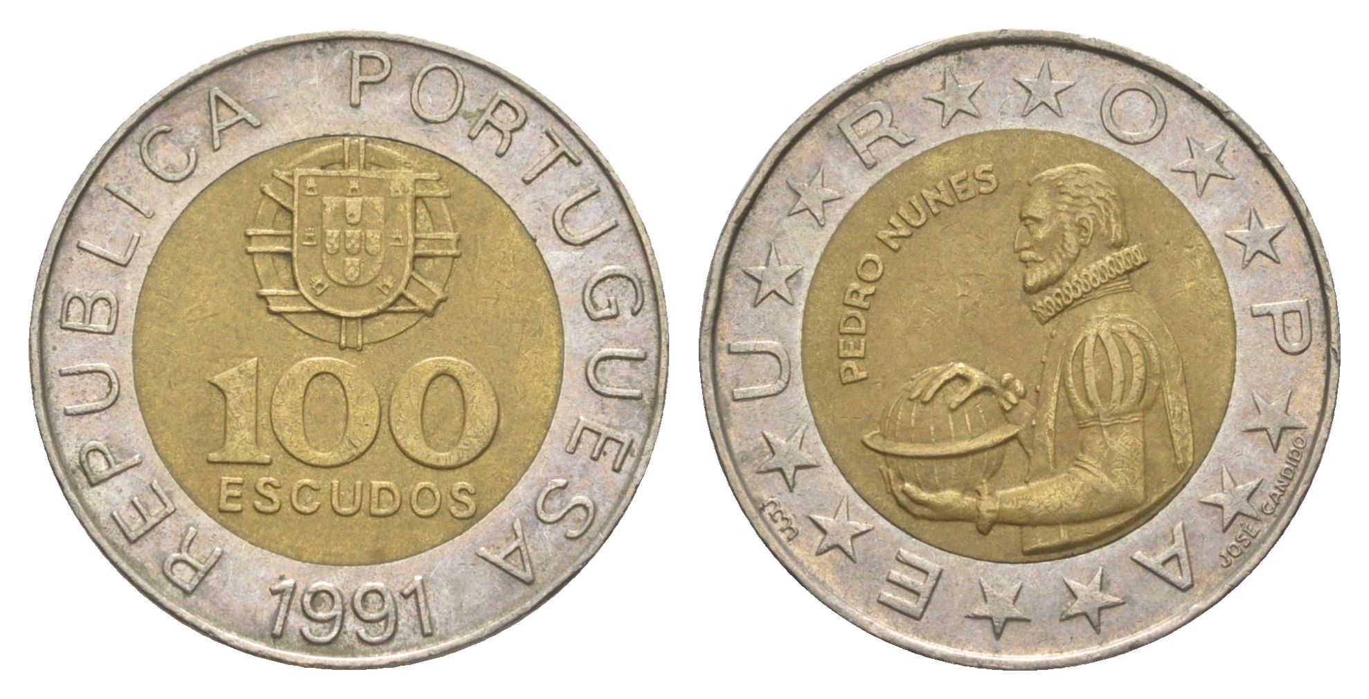 Португалия 100 эскудо 1991 Педру Нуниш (1502-1578), математик KM 645 биметалл 4388-1216
