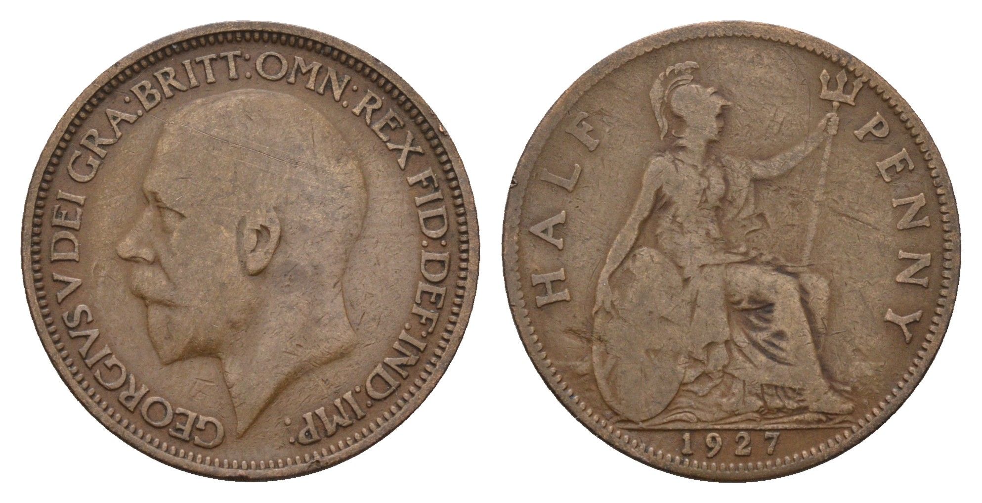 Великобритания 1/2 пенни 1927 Георг V (1910-1936) KM 824, Spink 4057 бронза 28-1147