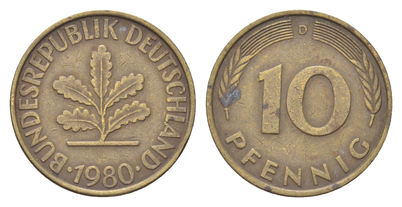 ФРГ 10 пфеннигов 1980 D KM 108, J. 383 сталь плакированная латунью 4705-467