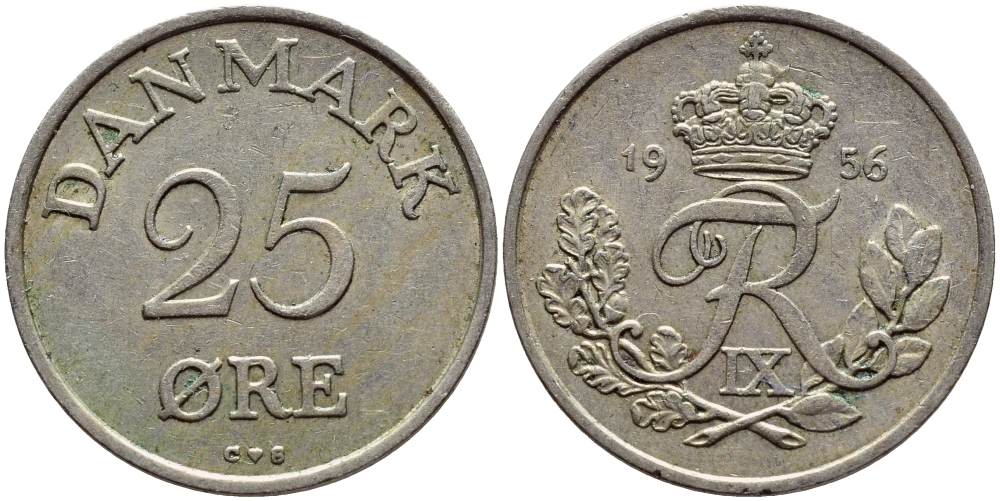 ДАНИЯ 25 ЭРЕ 1956 С; S, ФРЕДЕРИК IX (1947-1972) KM 842.2 медно-никель 4398-937