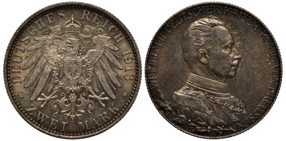 Пруссия 2 марки 1913 A, Вильгельм II (1888-1918), 25 лет правления (мундир) Weege 111, J. 111, KM 533 серебро 3711-835