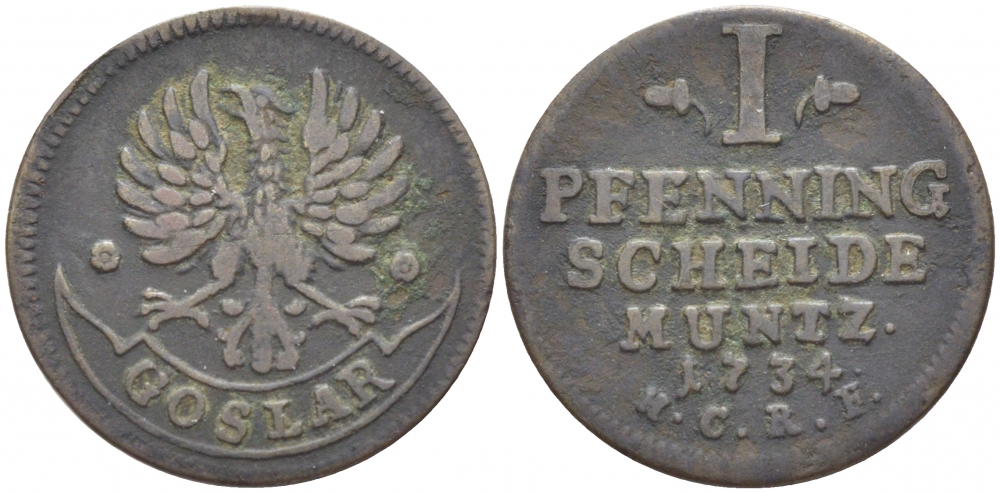 Гослар 1 пфенниг 1734 HCRF KM 106, Kluge 438 медь 112-1015