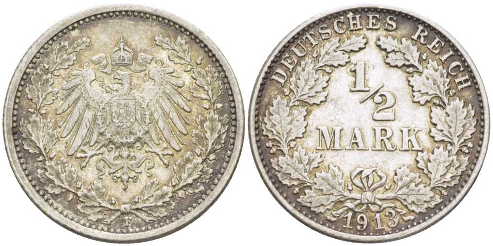 Германия 1/2 марки 1913 F J. 16, KM 17 серебро 175-146