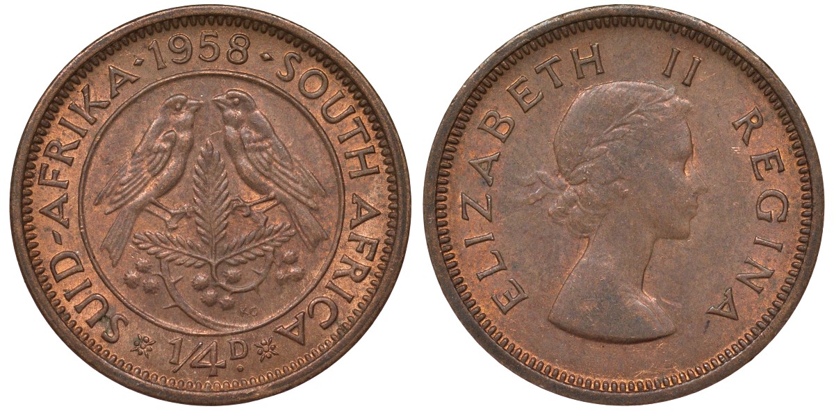 Южная Африка 1/4 пенни (фартинг) 1958 Елизавета II KM 44 бронза 4164-447