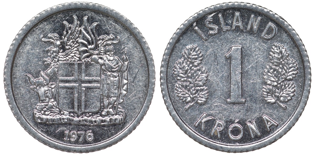 Исландия 1 крона 1976 KM 23 алюминий 4124-454