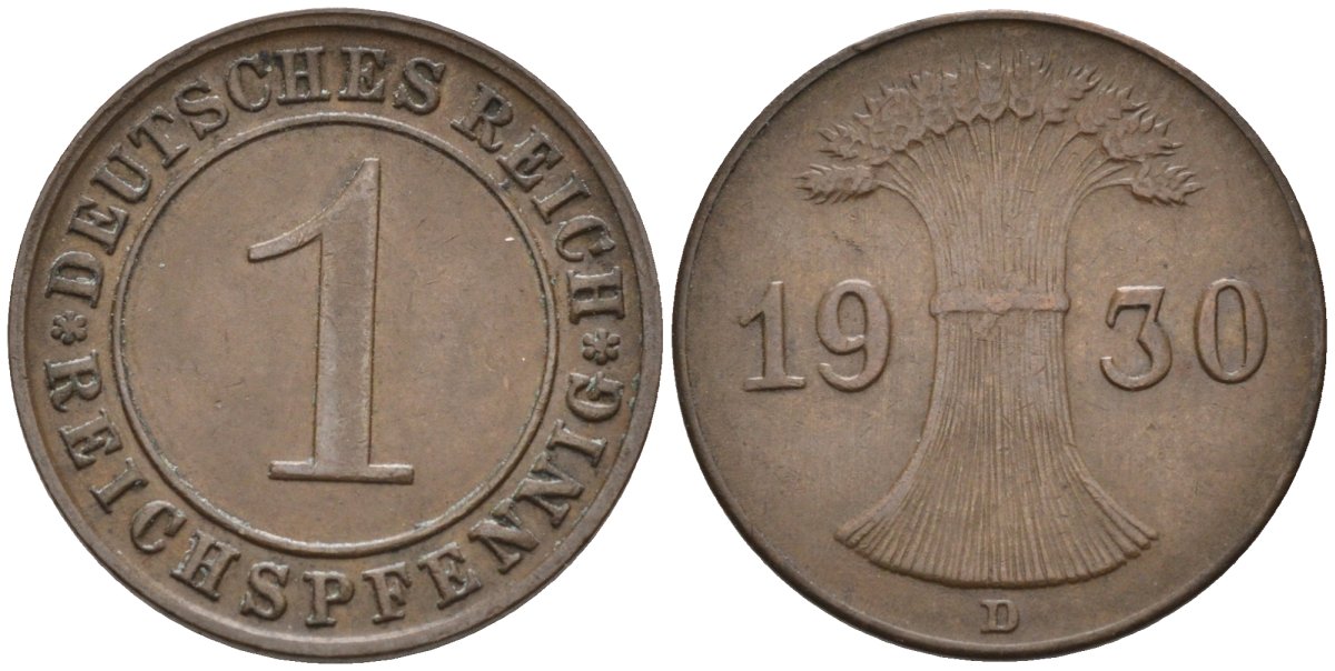Германия 1 рейхспфенниг 1930 D KM 37, J.313, Weege 2 медь 4585-617