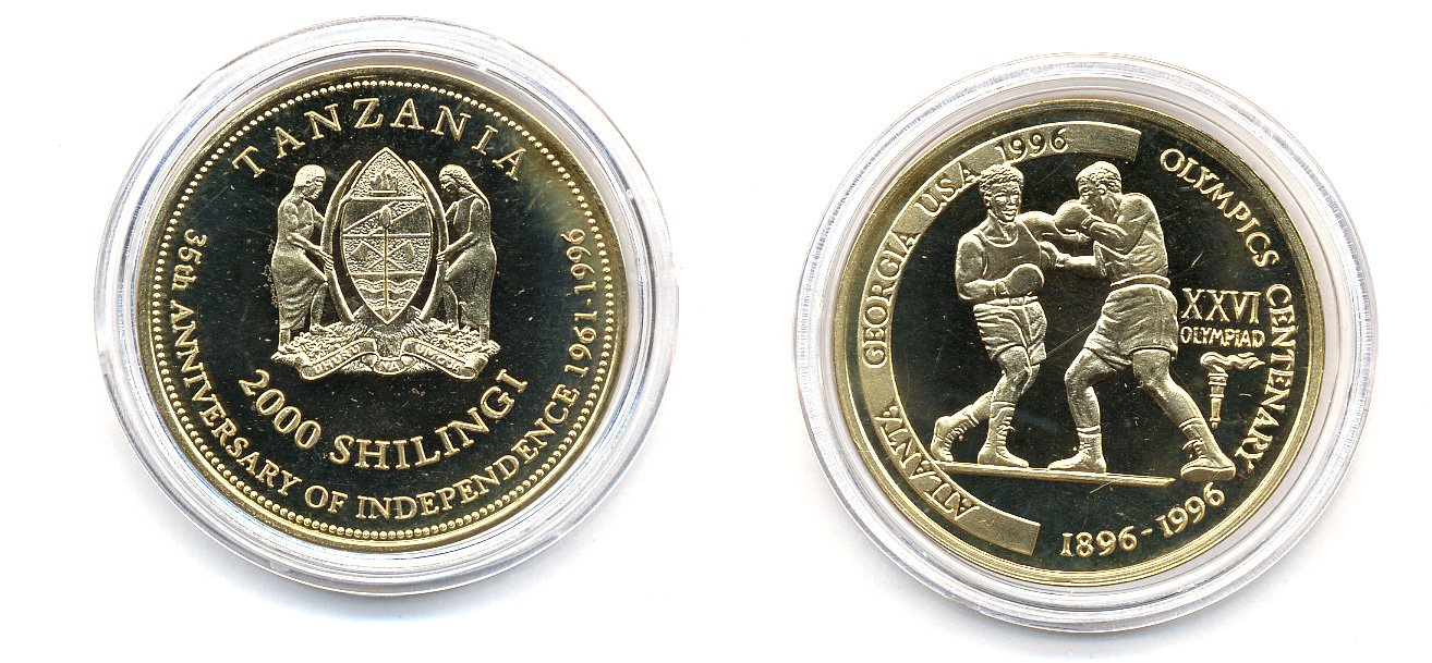 Танзания 2000 шиллингов 1996 XXVI Олимпийские игры 1996 года в Атланте, 100 лет Олимпийскому движению, боксеры, пробник, гладкий гурт латунь PROOF 06-157-14