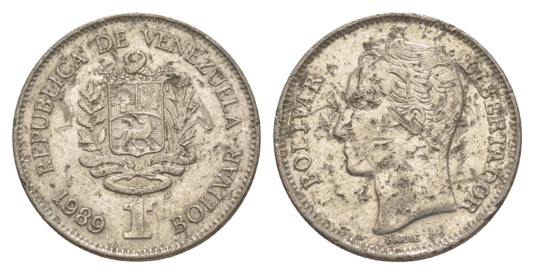 Венесуэла 1 боливар 1989 Симон Боливар, толстый шрифт Y 52a.2 сталь плакированная никелем 4589-323