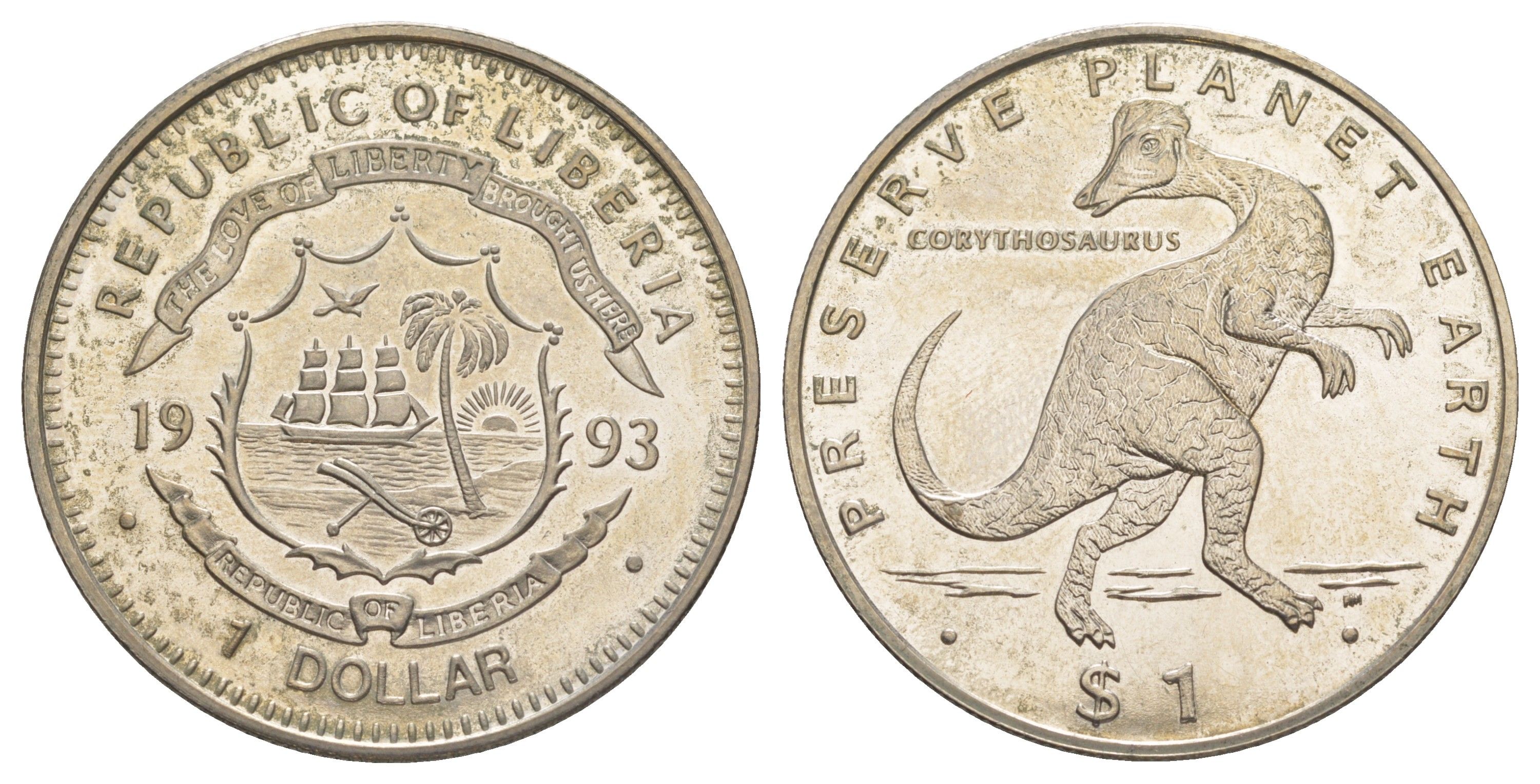 Либерия 1 доллар 1993 Сохраним планету Земля - Коритозавр KM 109 медно-никель 1531-1212