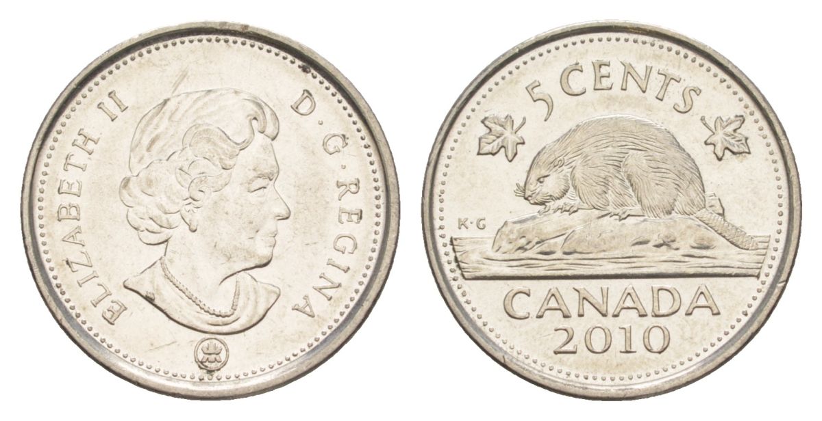 Канада 5 центов 2010 Leaf, Елизавета II (1952-2022), бобр KM 491 сталь плакированная никелем UNC 4630-766