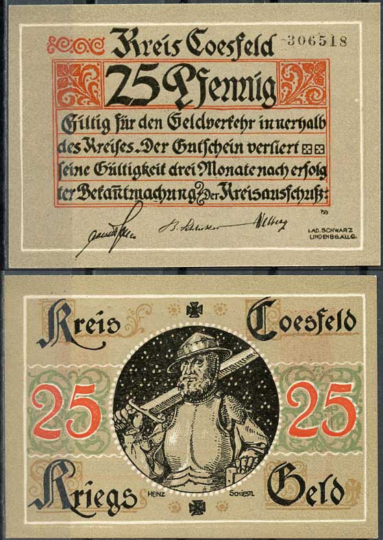 Германия, Косфельд 25 пфеннигов 1918 нотгельд, 6 цифр в номере Tieste 1185.05.01 бумага UNC (пресс) 444-75-2-2