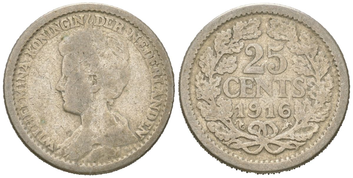 Нидерланды 25 центов 1916 Вильгельмина (1890-1948) KM 146 серебро 4151-866