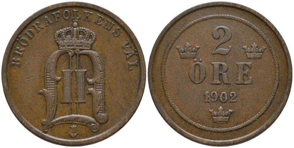 Швеция 2 эре 1902 Оскар II (1872-1907) король Швеции и Норвегии KM 746 бронза 55-1044